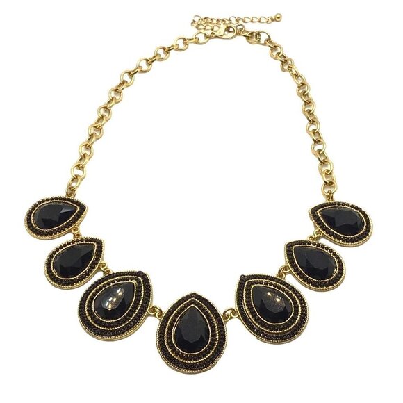 Teardrop Statement Necklace Gold Tone Black Adjustable Length - Picture 2 of 3